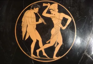 Athens Prints: Drinking Cup, (Kylix) of Girl Dancing with Youth Playing Flute