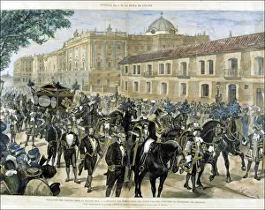 Orleans Prints: Driving the corpse of Queen Maria of Mercedes Orleans to the North Station Juan Camba drawing