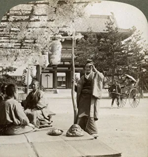 Images Dated 17th July 2008: Drooping clusters of wisteria over a tea house porch, Kyoto, Japan, 1904