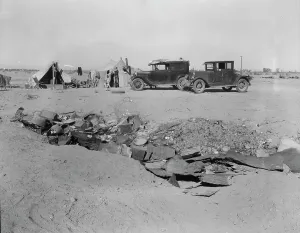 Rubbish Prints: Drought refugees in California near Holtville, 1937. Creator: Dorothea Lange