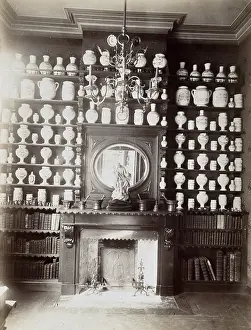Display Prints: Drug jars and books on shelves surrounding a mantlepiece with a statue and a mirror