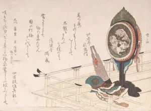 Ryuryukyo Shinsai Prints: Drum with Stand, Sho (A Kind of Mouth Organ) and Helmet on the Stage for Bugaku Dance