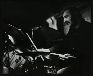 Drummer Alan Jackson playing at The Stables, Wavendon, Buckinghamshire