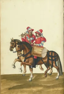 Tournament Prints: A Drummer and a Flute Player on Horseback, about 1560-1570. Creator: Unknown