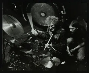 Drummer Ginger Baker performing at the Forum Theatre, Hatfield, Hertfordshire, 1980