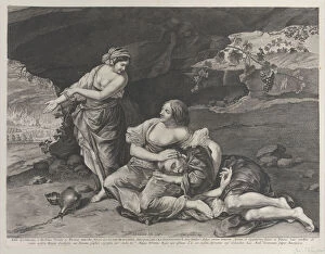 The drunkenness of Lot, who is asleep on his daughters lap at center, while his other... ca. 1628