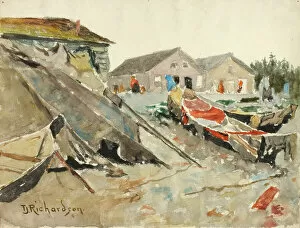 Alaska United States Of America Gallery: Drying Blankets over Canoes, ca. 1890-1914. Creator: Theodore J. Richardson