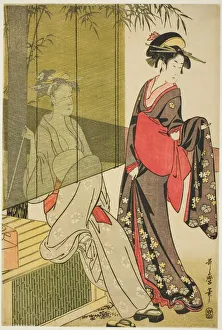 Transparent Prints: Drying and stretching cloth, Japan, c. 1796 / 97. Creator: Kitagawa Utamaro