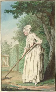 Rake Prints: The Duchess of Chaulnes as a Gardener in an Allee, 1771. Creator: Louis de Carmontelle