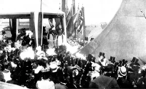 Incident Prints: The Duchess of York christening the 'Albion', 1898. Creator: Russell & Sons