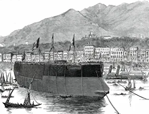 Launch Prints: The Duilio, Italian Ironclad, recently launched at Castellamare