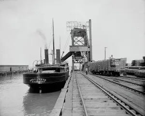 Wharves Prints: Dumping a car, Ellsworth coal chutes, Cleveland, ca 1900. Creator: Unknown