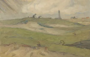 Mending Prints: Dune landscape with lighthouse and people mending fishing nets