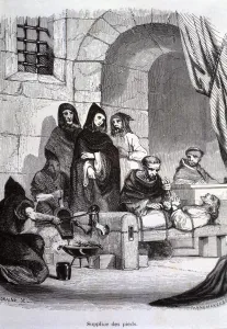 Inquisition Prints: Dungeons of the Inquisition, executioners applying the torment of fire in feet