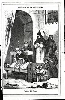 Torture Gallery: Dungeons of the Inquisition, scene of confession by torture of fire in the feet, engraving, 1880