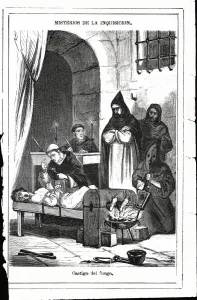 Torment Prints: Dungeons of the Inquisition, scene of confession by torture of fire in the feet