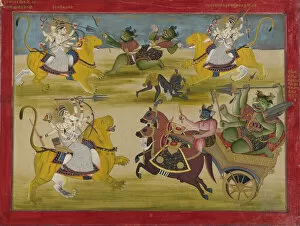 Indian Miniature Collection: Durga fighting the rakshashas Shunga and Nishunga, from a Devi Mahatmya, mid 19th century