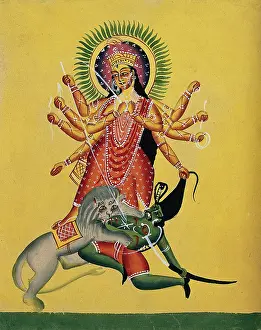 Sari Prints: Durga kills the demon, c1890. Creator: Unknown