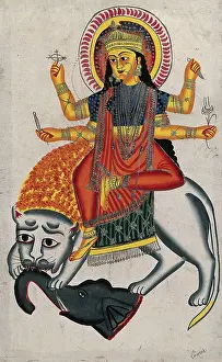 Kalighat Prints: Durga riding on her lion killing a demon, (between 1800 and 1899?). Creator: Unknown