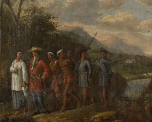 Enslaved People Prints: Dutch merchant with two enslaved men in a hilly landscape, 1700-1725. Creator: Unknown