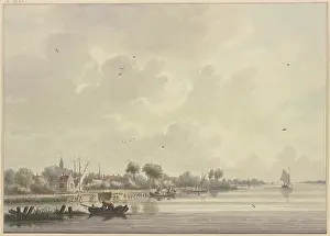 Dutch village on a wide river bustling with several boats, a bird flies on the water...18th century. Creator: Nicolaas Wicart