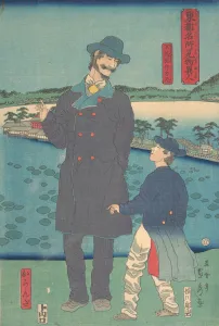 Utagawa Kenjiro Prints: Dutchman and Child Viewing the Benten Shrine at Shinobazu Pond, 7th month