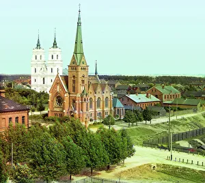 Road Junction Prints: Dvinsk: Roman Catholic church, 1912. Creator: Sergey Mikhaylovich Prokudin-Gorsky