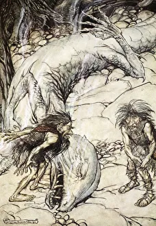 Mime Gallery: The dwarves quarrelling over the body of Fafner, 1924. Artist: Arthur Rackham