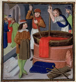 Encyclopedia Prints: Dyers soaking red cloth in a heated barrel, 1482. Creator: Unknown