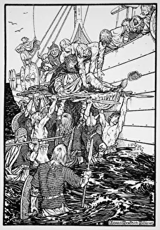 Norse Prints: The dying King Haakon carried to his ship, 961 (1913). Artist: Morris Meredith Williams