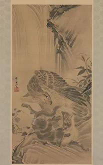 Kawanabe Kyosai Prints: Eagle Attacking a Mountain Lion, 1885. Creator: Kawanabe Kyosai