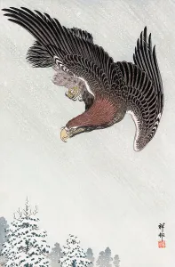 Alert Prints: Eagle in flight against a snowy sky, c1933. Creator: Ohara Koson