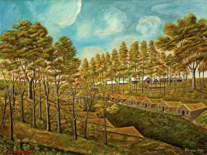 Oil Paint Prints: Early Camp Dugouts, c. 1939. Creator: Stanley Mazur