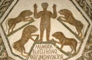 Early Christian/Roman mosaic of Christian attacked by lions, c1st-2nd century Early Christian/Roman mosaic of Christian attacked by lions, c1st-2nd century