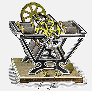 Woodcut Watercolour Prints: Early electric motor, designed and built by the physicist