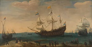 Vereenigde Oostindische Compagnie Prints: East Indiamen off a Coast, c.1600-c.1630. Creator: Hendrick Cornelisz Vroom