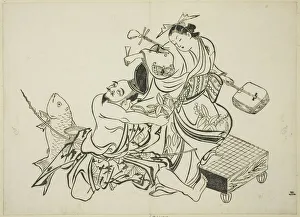Shamisen Gallery: Ebisu flirting with a courtesan, no. 3 from a series of 12 prints, c. 1708