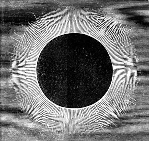 Eclipse Prints: The Eclipse of the Sun on July 18 in Spain - luminous corona as seen round the Moon