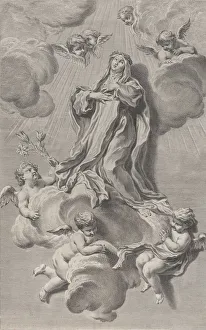 Simon Francois Prints: The Ecstasy of Saint Catherine of Siena, kneeling on a cloud carried by angels, one of