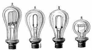 Carbon Gallery: Edisons incandescent lamps showing various forms of carbon filament, 1883