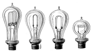 Electricity Prints: Edisons incandescent lamps showing various forms of carbon filament, 1883