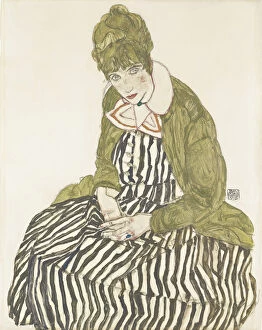 Fin De Siecle Collection: Edith Schiele in Striped Dress, Seated, 1915. Artist: Schiele, Egon (1890?1918)