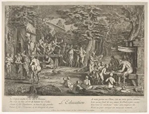 Stag Gallery: The Education (L Education): in a forest, to right an old satyr instructor holdin... ca