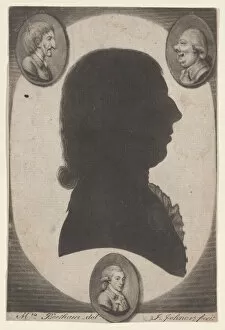 Silhouette Collection: Edward Beetham, bust in profile to right in an oval, with two caricature heads, 1770-1818