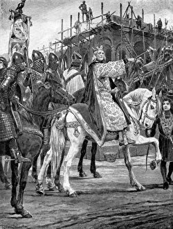 Edward the Confessor watching the building of Westminster Abbey, c1050, (c1920). Artist: Richard Caton Woodville II