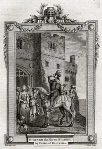Mead Prints: Edward the Martyr Stabbed by Order of Elfrida, 978 AD, (1776). Artist: J Hall