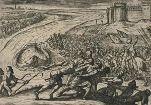 Civilis Gallery: Een Schip met coren gheladen blyft op een drooghte Sitten; de Duytschen pooghent naer hen te trecke Artist