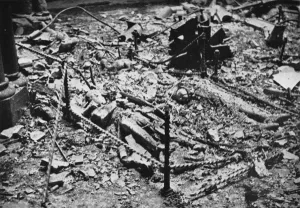 Central London Gallery: Two of the effigies of the Knights in the round of the Temple Church, gutted by fire, 1941