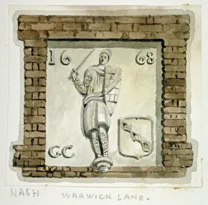 Effigy of Guy, Earl of Warwick, on the wall of a house in Warwick Lane, City of London, c1820