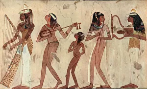 Lute Prints: Egyptian arched harp, lute, double oboe and lyre; tomb painting in Veset (Thebes) c